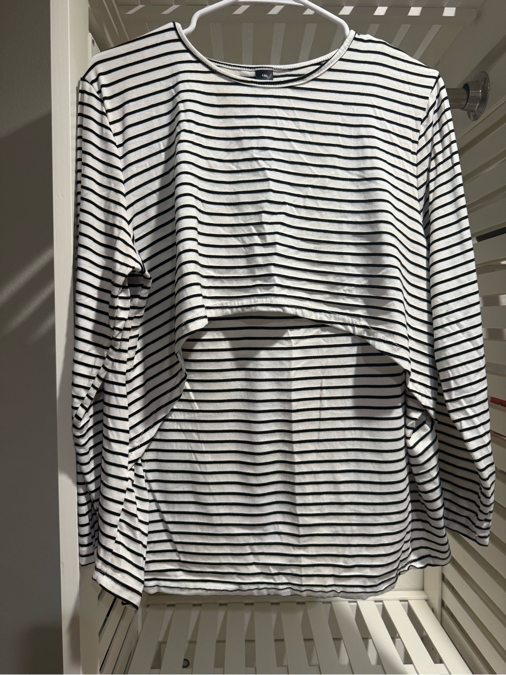 SHEIN White and Black Striped Long Sleeve Layered Nursing Top